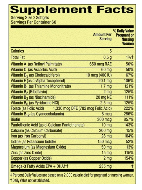 Spring Valley Mini Prenatal Multi + DHA Complete Multivitamin/Multimineral Supplement Mini Softgels, 120 Count