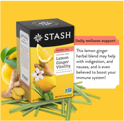 Stash Tea Lemon Ginger Herbal Tea - Naturally Caffeine Free, Non-GMO Project Verified Premium Tea with No Artificial Ingredients, 20 Count