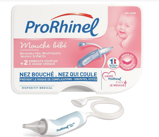 Prorhinel Ergonomic Manual Baby Nasal Aspirator, Safe and Hygienic Nasal Aspirator, Reduces the Risk of Sinusitis and Otitis, Made in France, 2 Disposable Tips