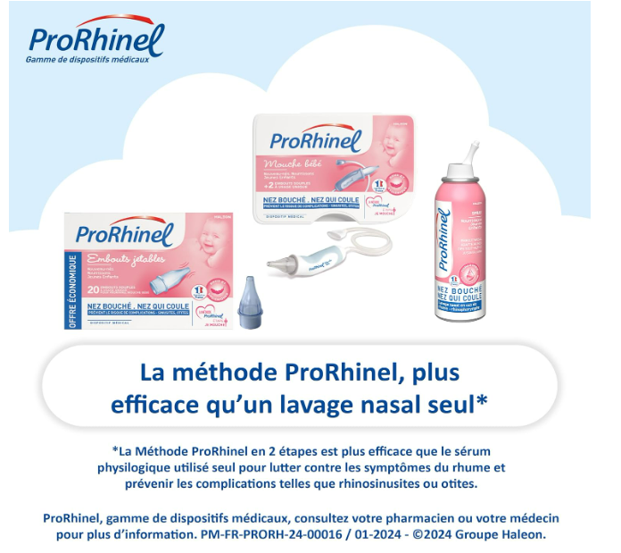 Prorhinel Ergonomic Manual Baby Nasal Aspirator, Safe and Hygienic Nasal Aspirator, Reduces the Risk of Sinusitis and Otitis, Made in France, 2 Disposable Tips