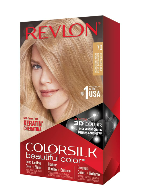 Revlon Permanent Hair Color, Permanent Hair Dye, Colorsilk with 100% Gray Coverage, Ammonia-Free, Keratin and Amino Acids, 70 Medium Ash Blonde, 4.4 Oz